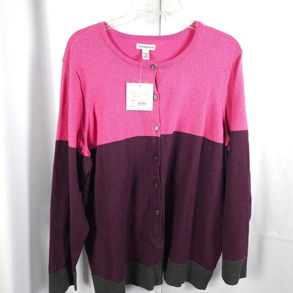 NWT Croft & Barrow Womens 2X Pink Burgundy Colorblock Cardigan Sweater - Picture 1 of 6